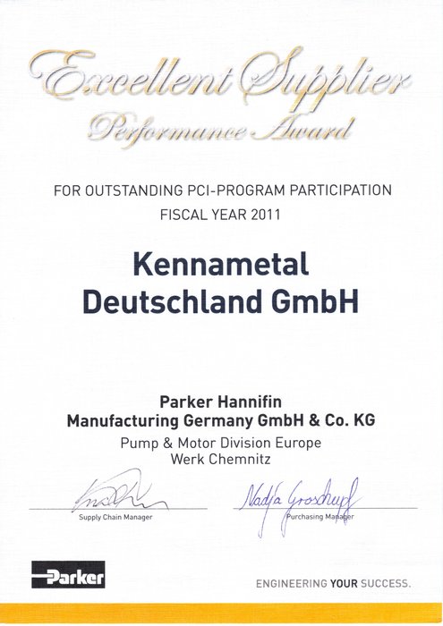 Kennametal recibe el premio Excellent Supplier Performance de manos de Parker Hannifin